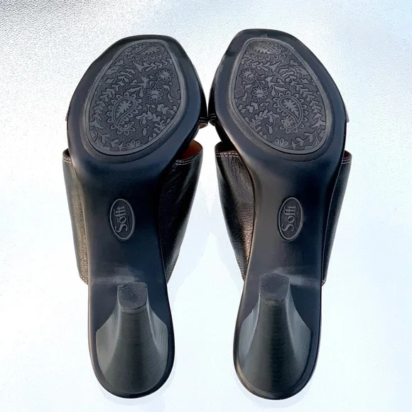 Söfft Black Leather Open Toe Wide Band Tapered Chunky Heel Sandals Women’s 10 - Picture 8 of 10